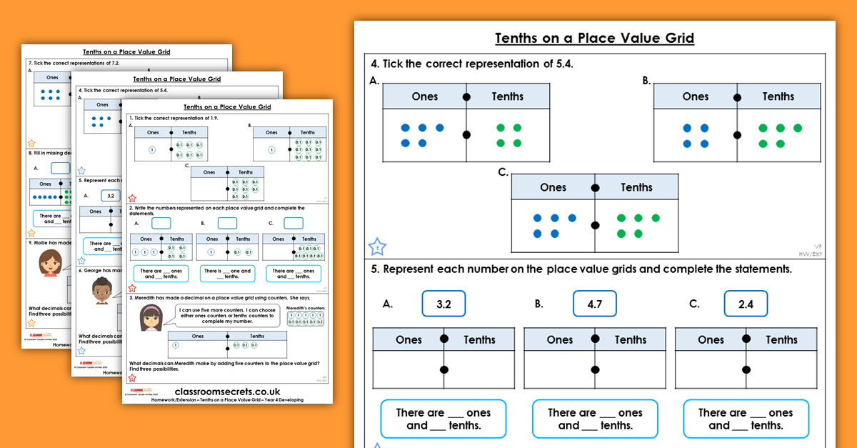 tenths on a place value grid homework extension year 4 decimals classroom secrets