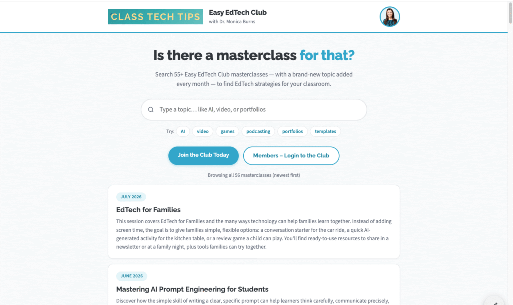 Easy EdTech Club masterclass search page asking