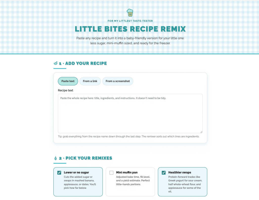 Little Bites Recipe Remix website that turns any recipe into a baby-friendly version with less sugar, mini-muffin sizing, and healthier swaps