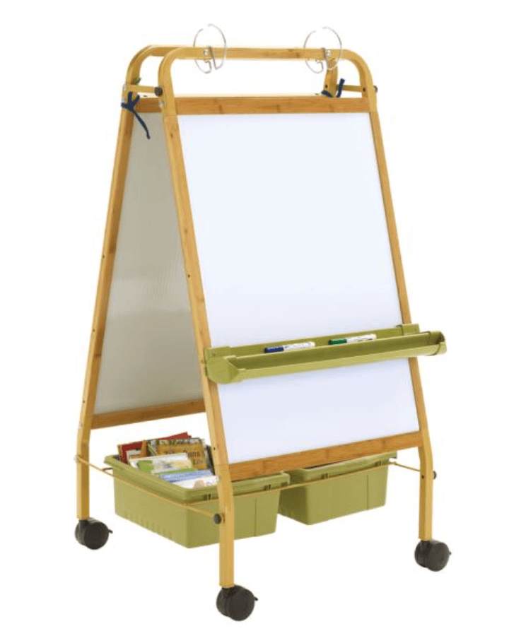 Bamboo Early Learning Station with two magnetic whiteboards, marker tray, and green storage tubs on locking casters, an example of classroom organization for technology at a flexible learning station
