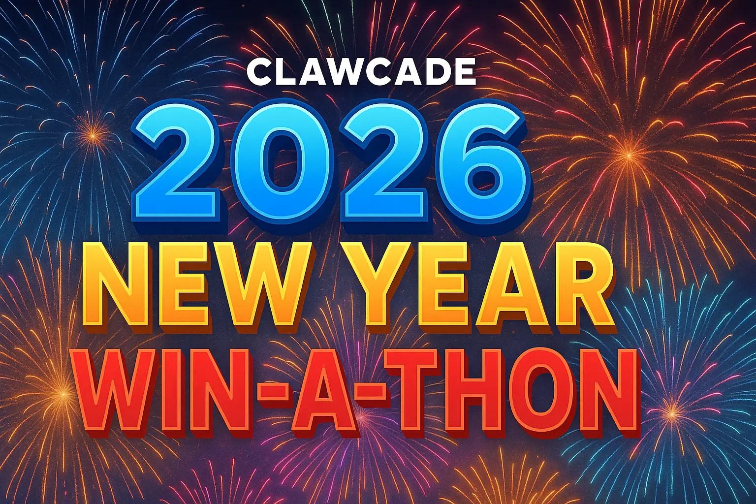ClawCADE 2026 New Year Win-A-Thon promotional graphic with colorful fireworks background and bold text highlighting the event.