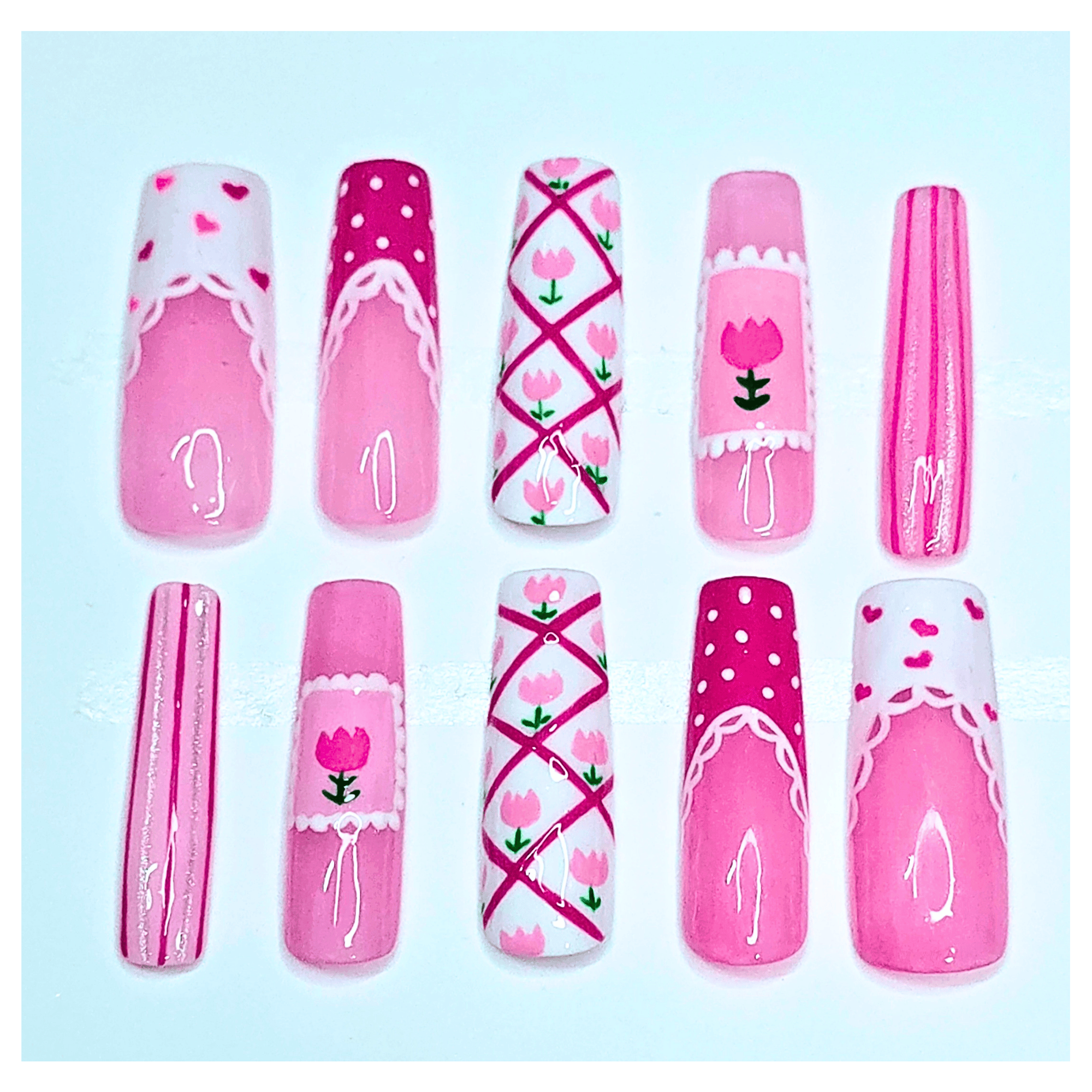 Pink Hearts and Tulips Press-on Nails