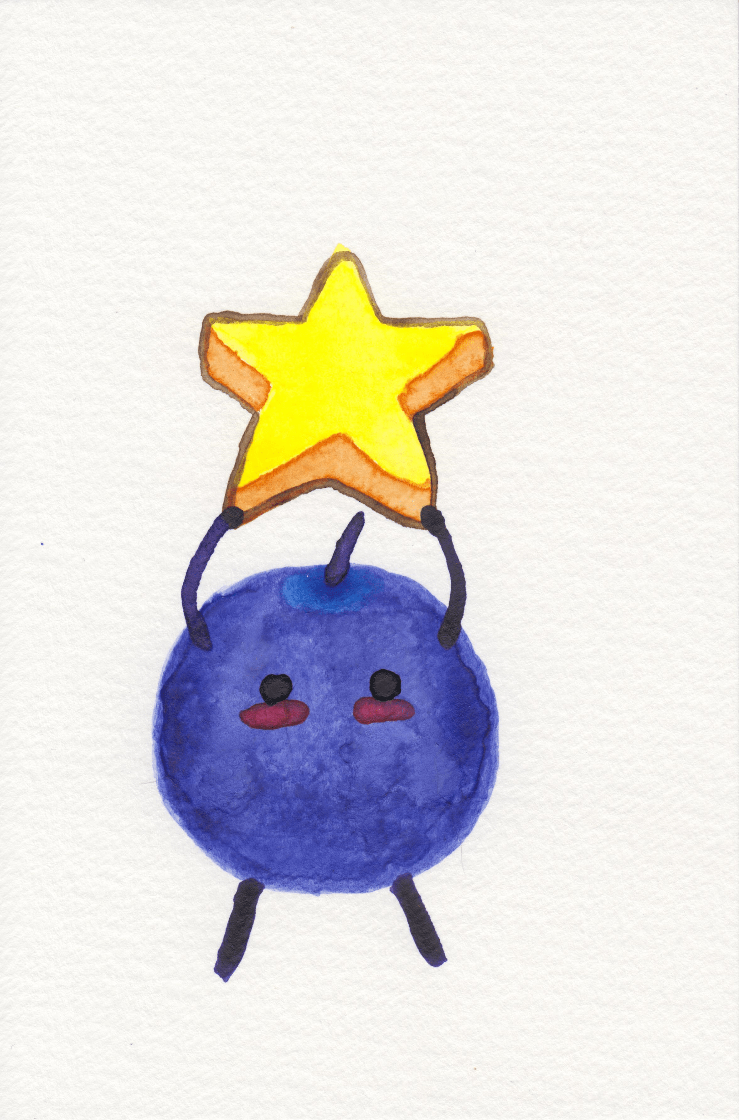watercolor illustration of a blue junimo from stardew valley holding up a star
