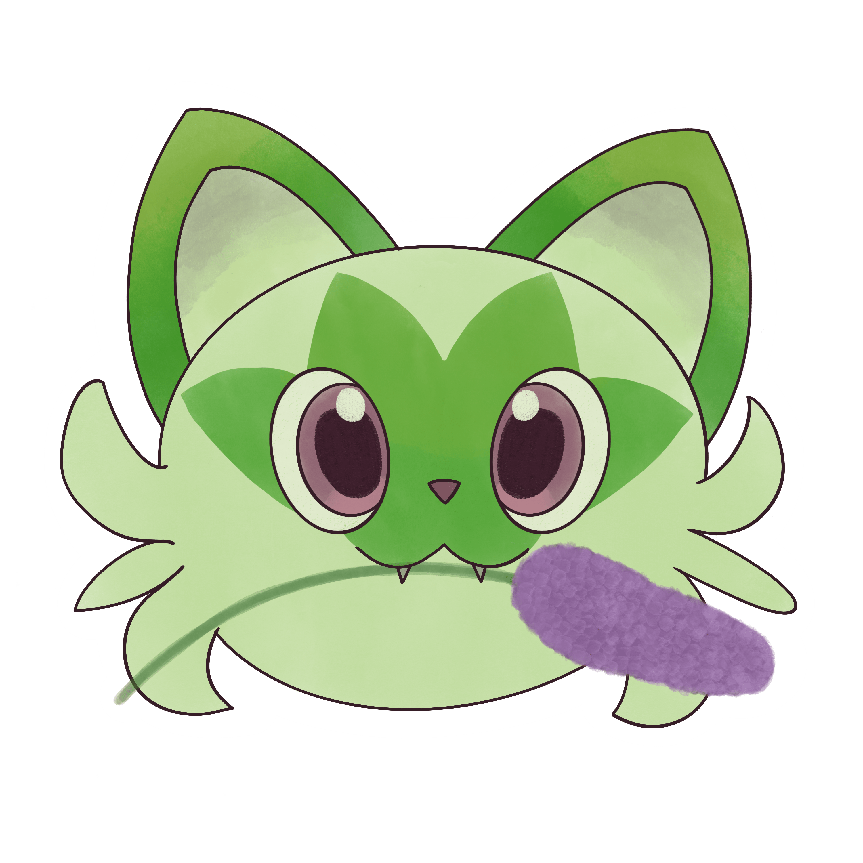 digital image of a sticker of sprigatito's head with a sprig of lavender in their mouth