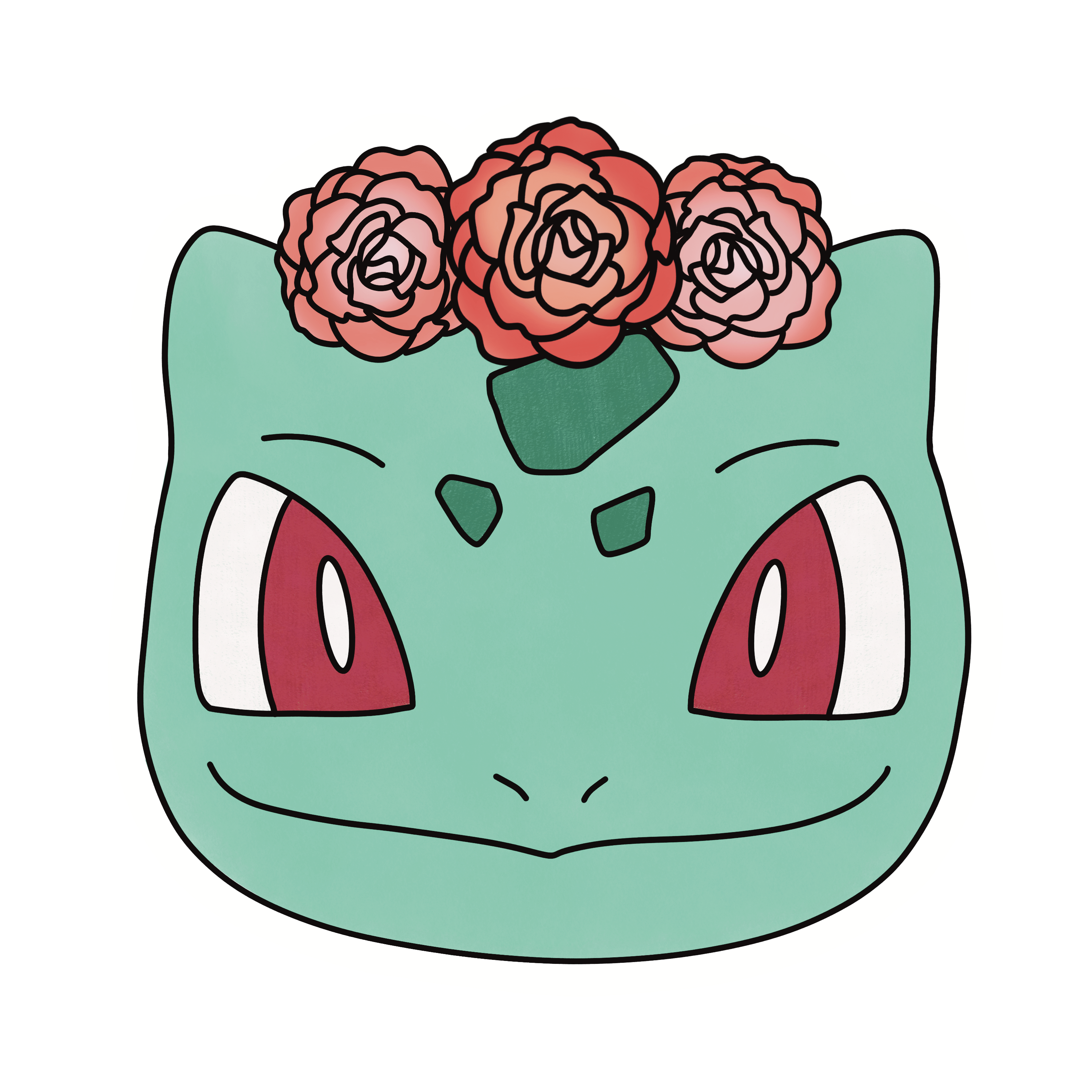 illustration of bulbasaur with a flower crown of three pink begonias