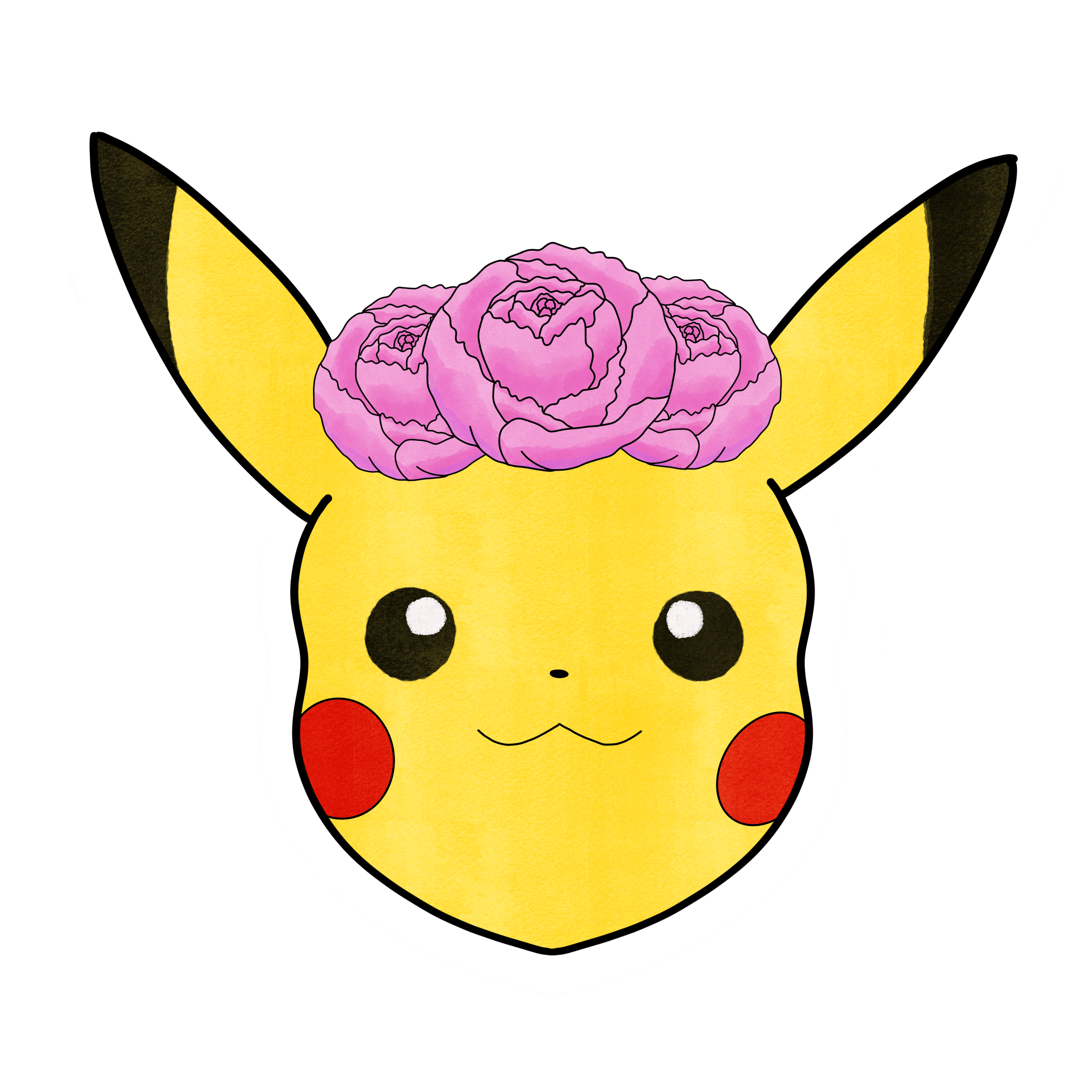 illustration of Pikachu's head with three peonies in a flower crown atop their head