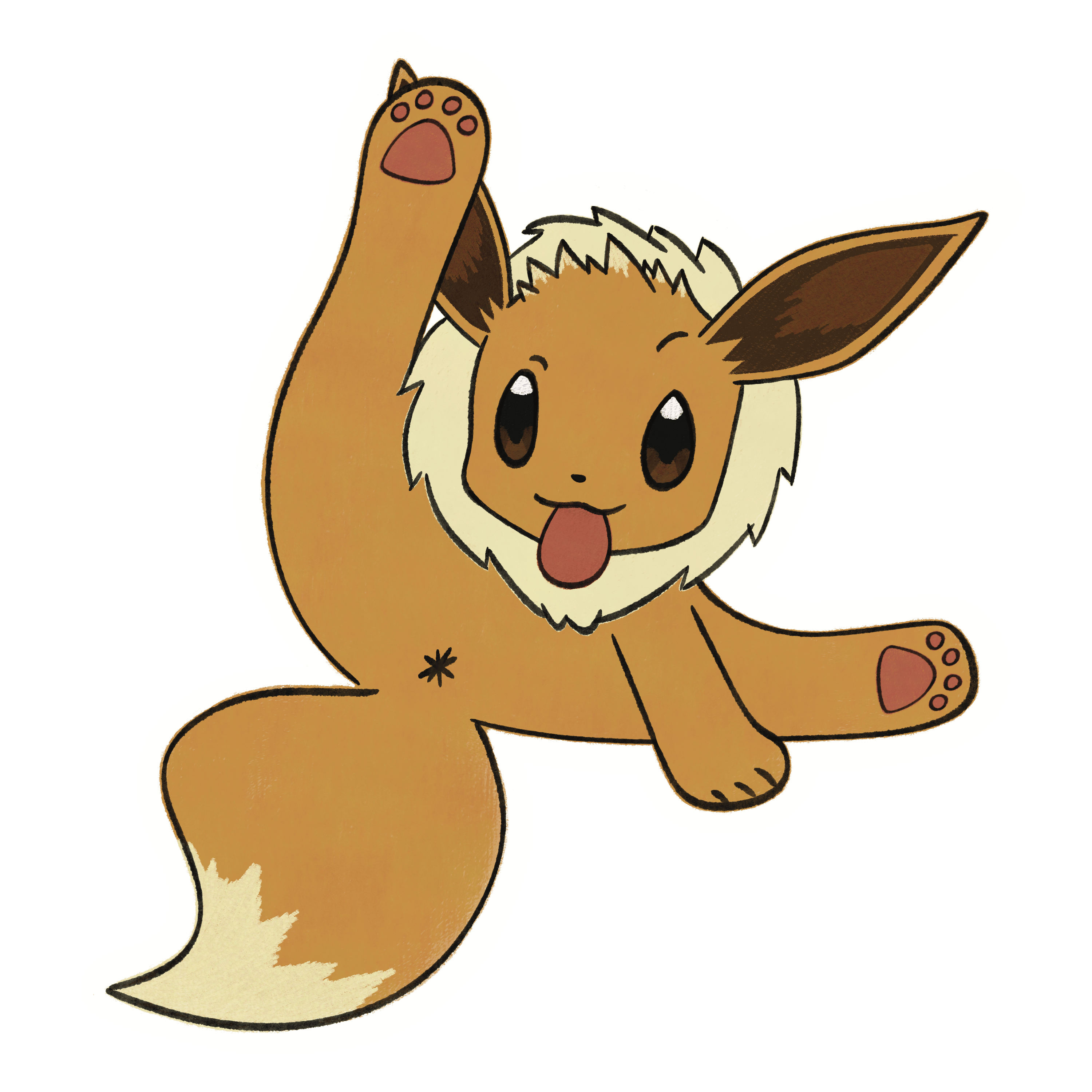 illustration of eevee grooming themself with one leg high above their head and an expression on their face of, "what?!"