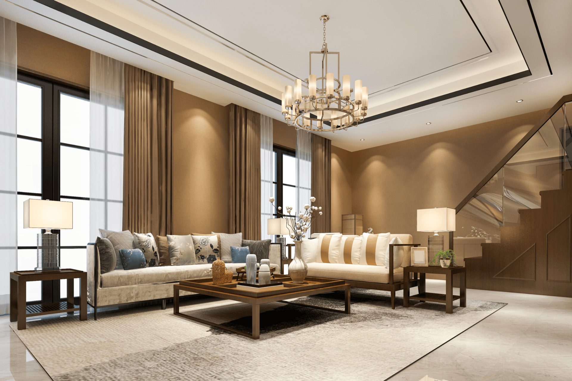 Clean living room with a chandelier