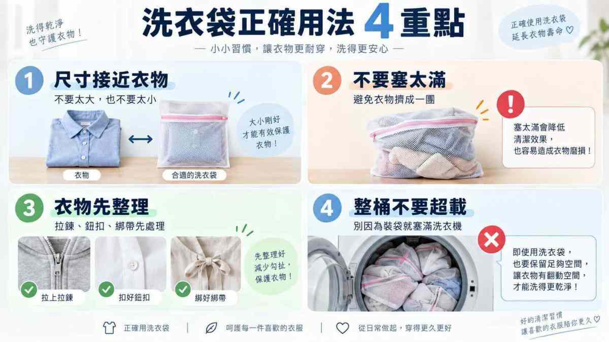 洗衣袋正確用法4重點，包括尺寸接近衣物、不要塞太滿、衣物先整理與整桶不要超載