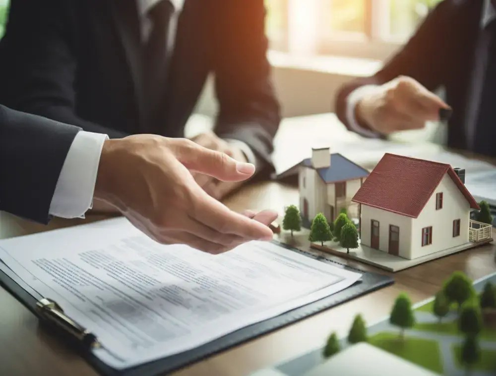Property manager reviewing a service agreement beside a model building