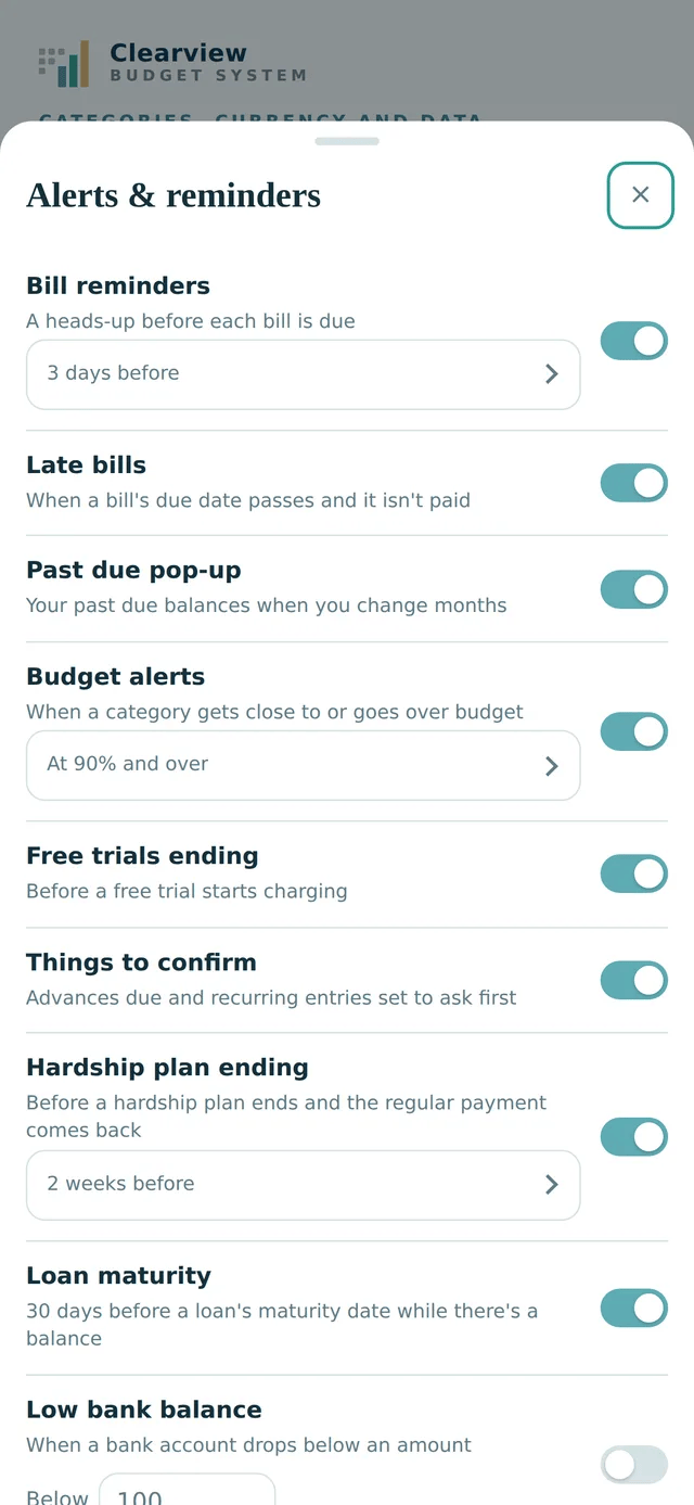 Alerts and reminders settings including free trials ending