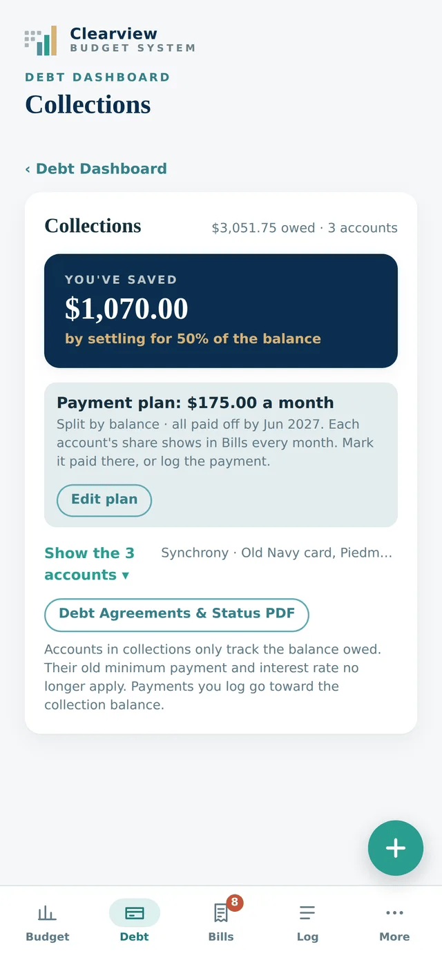 Collections screen showing $1,070 saved by settling