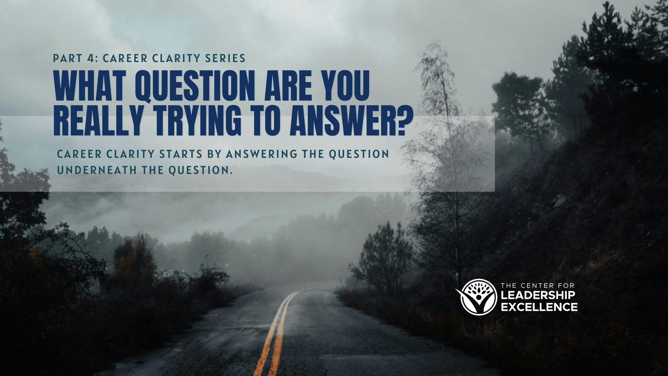 Foggy road through the woods with text asking what question you are really trying to answer, representing career clarity and deeper reflection.