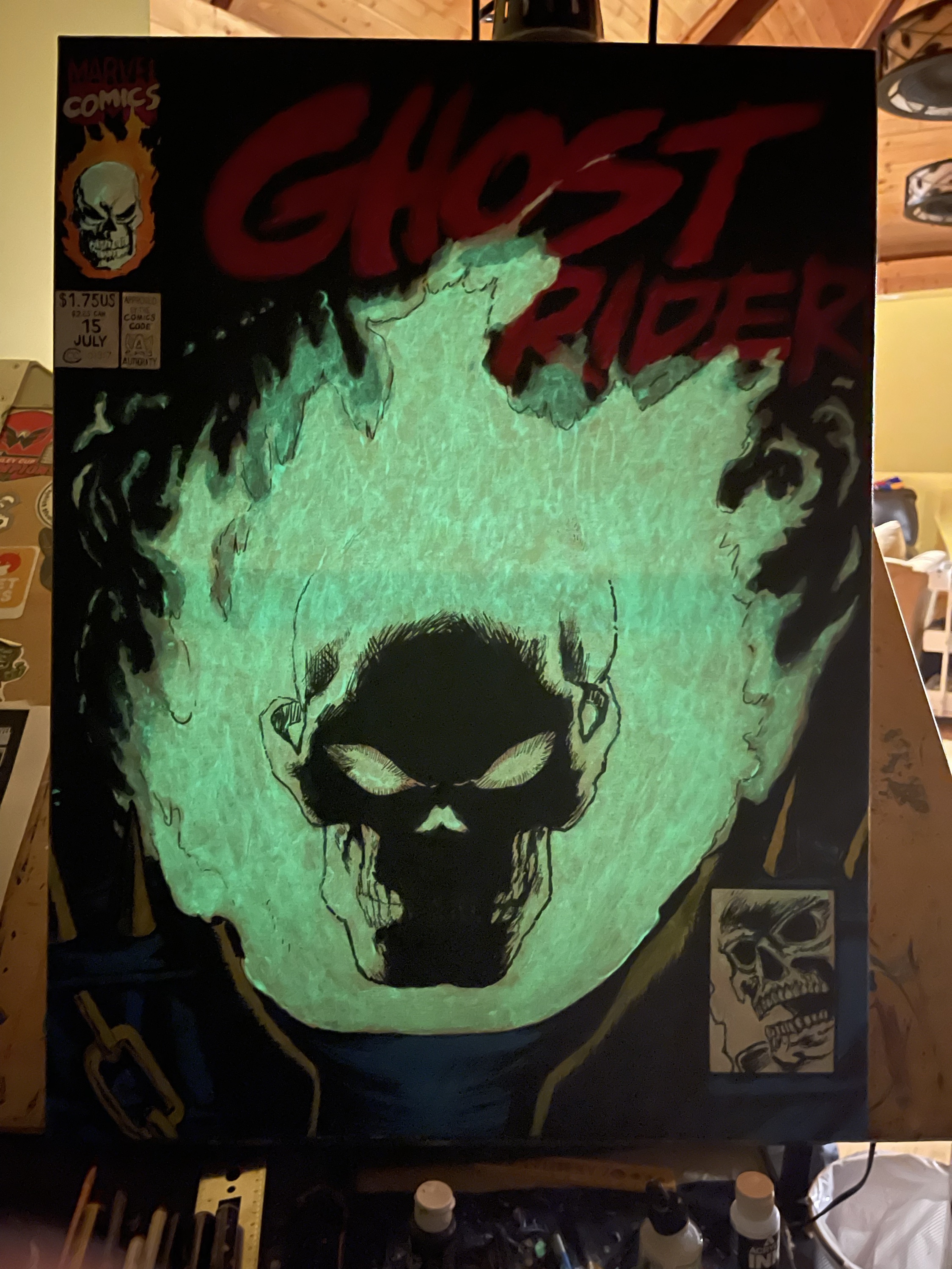 Acrylic Ink Painting 18x24 Ghost Rider 15 (glows in the dark)