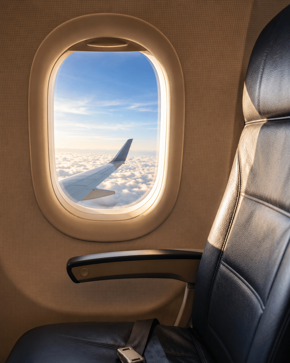 A view of a airplane cabin, looking out the window.