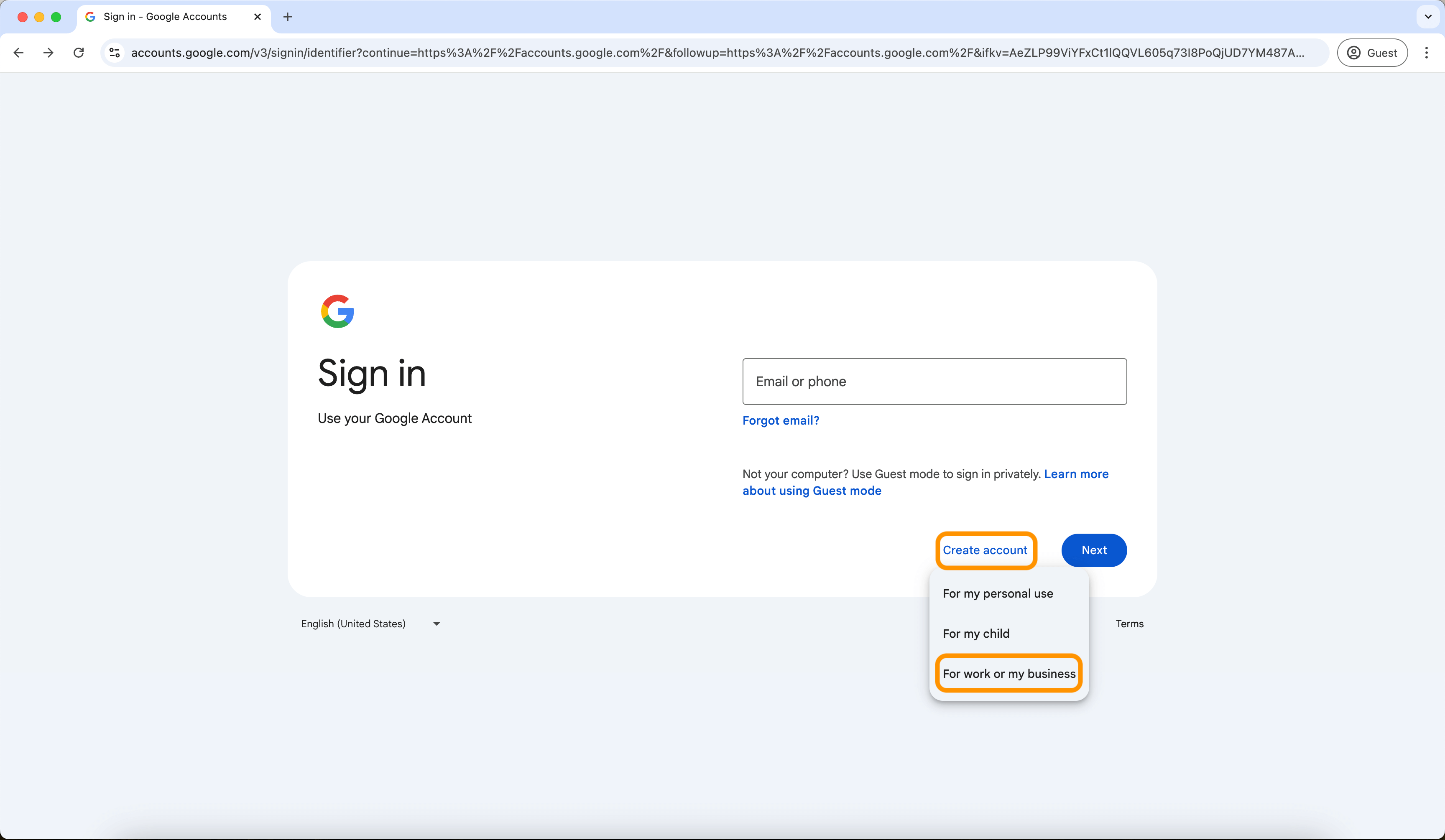 Sign in to Google to Create a Gmail Account with your Existing Email