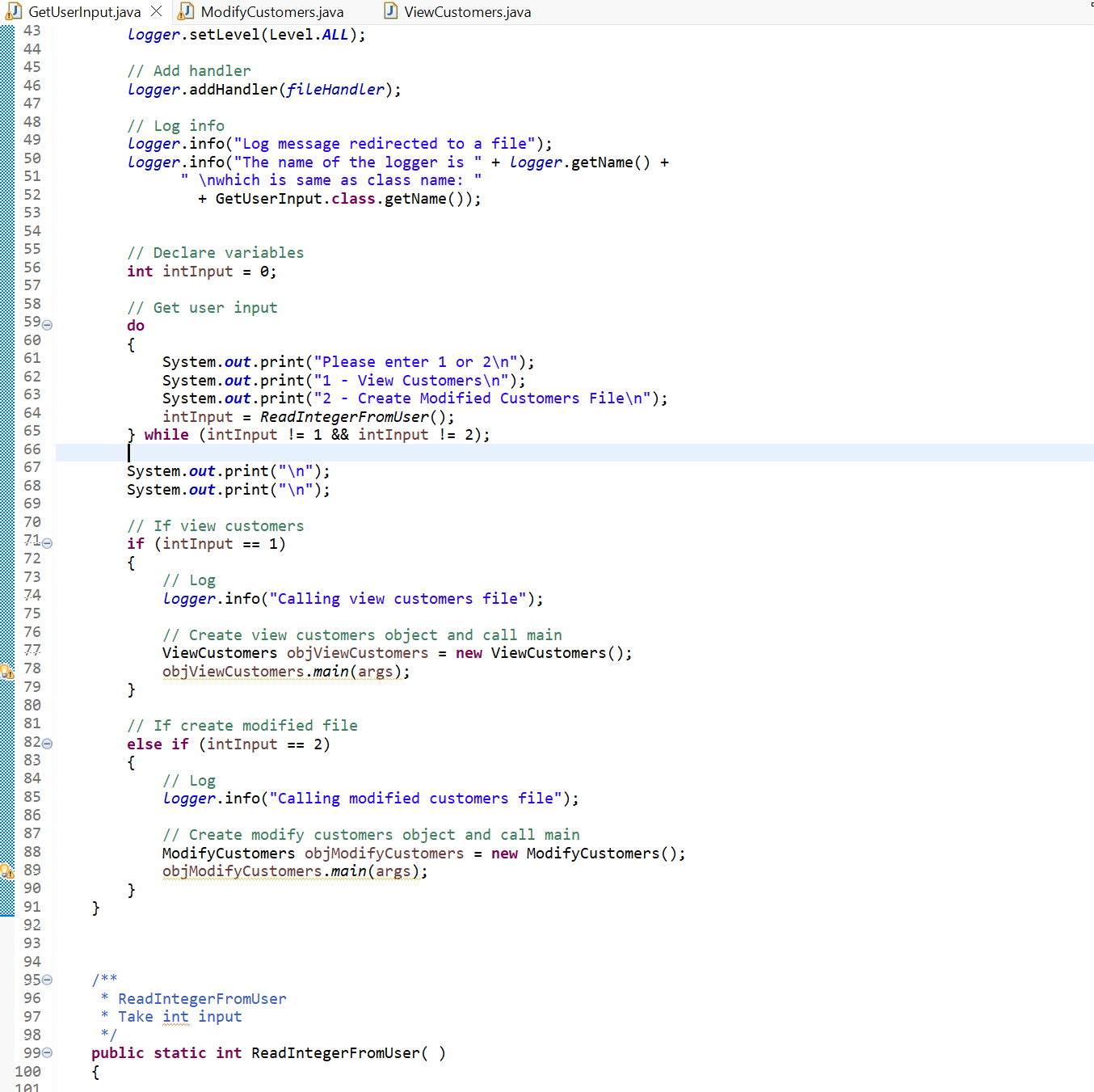 Java code snippet handling user input