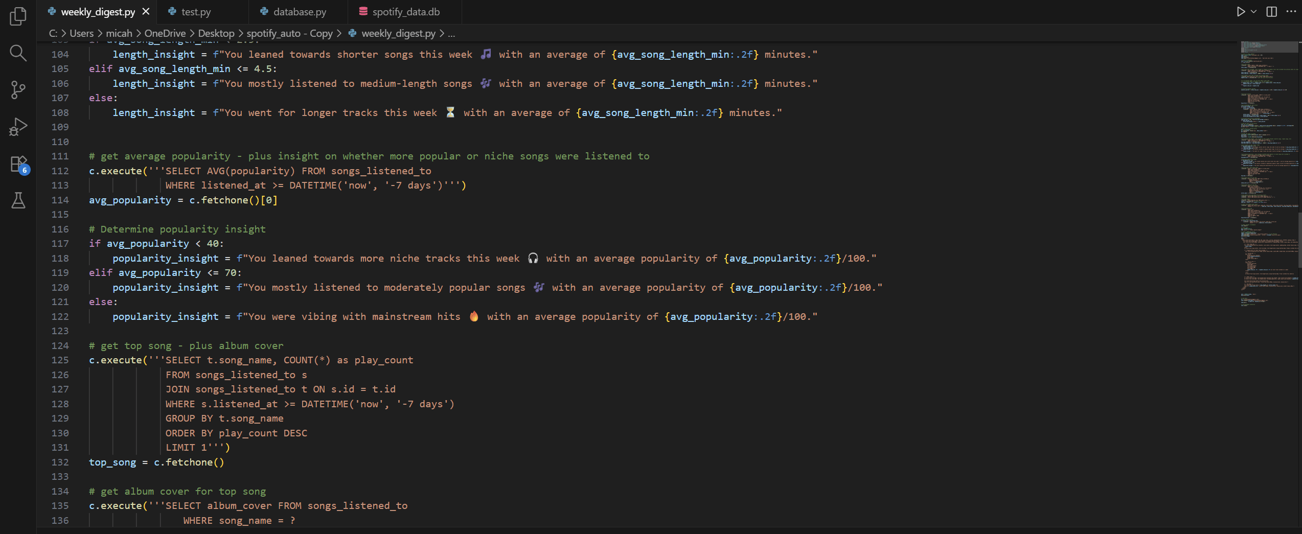Python code used to pull last 50 songs from Spotify and generate email digest