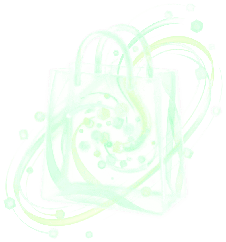A glass shopping bag with products orbiting into it