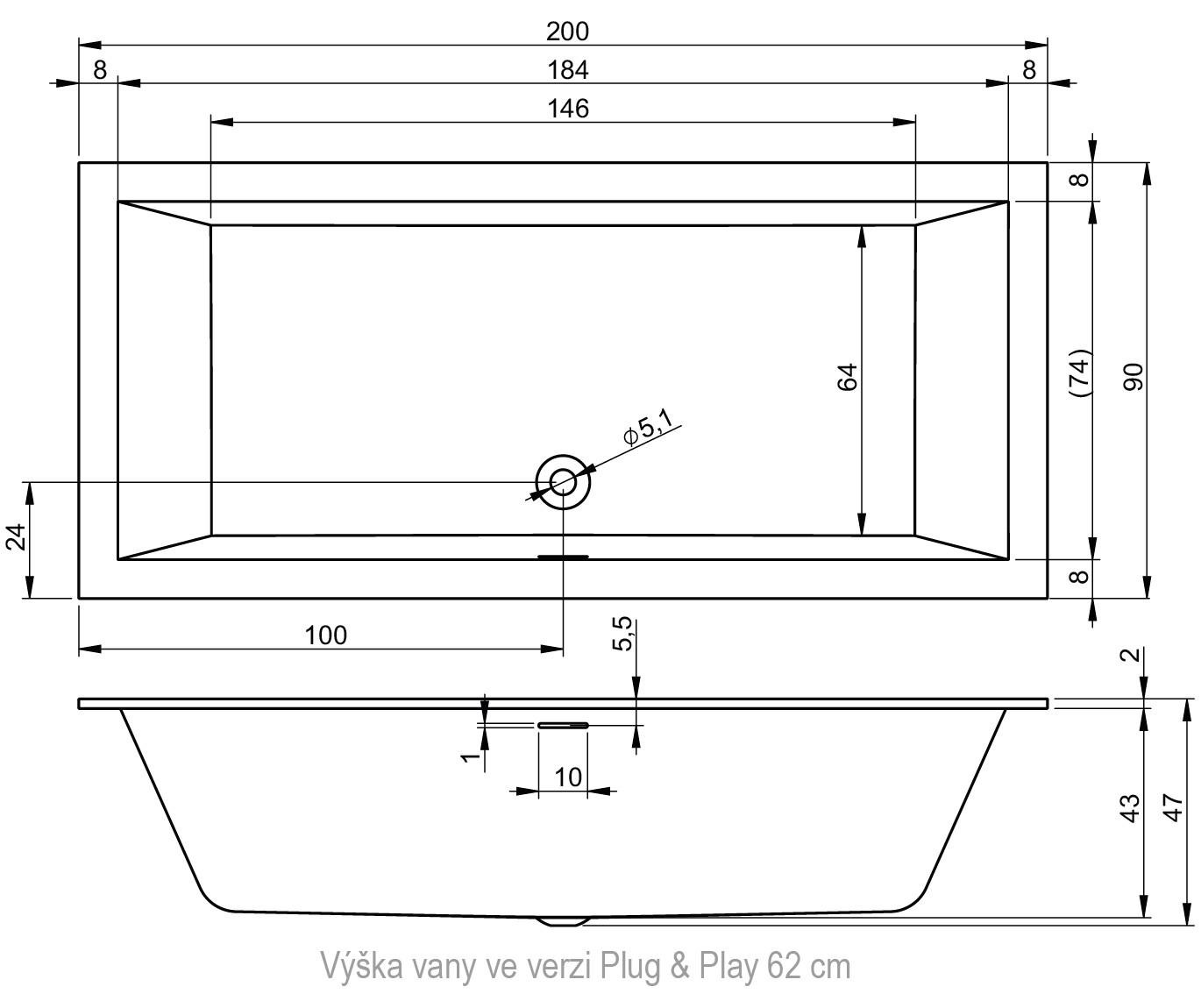 Cada baie acryl RIHO STILL RETHINK PLUG & PLAY 200x90 (L)