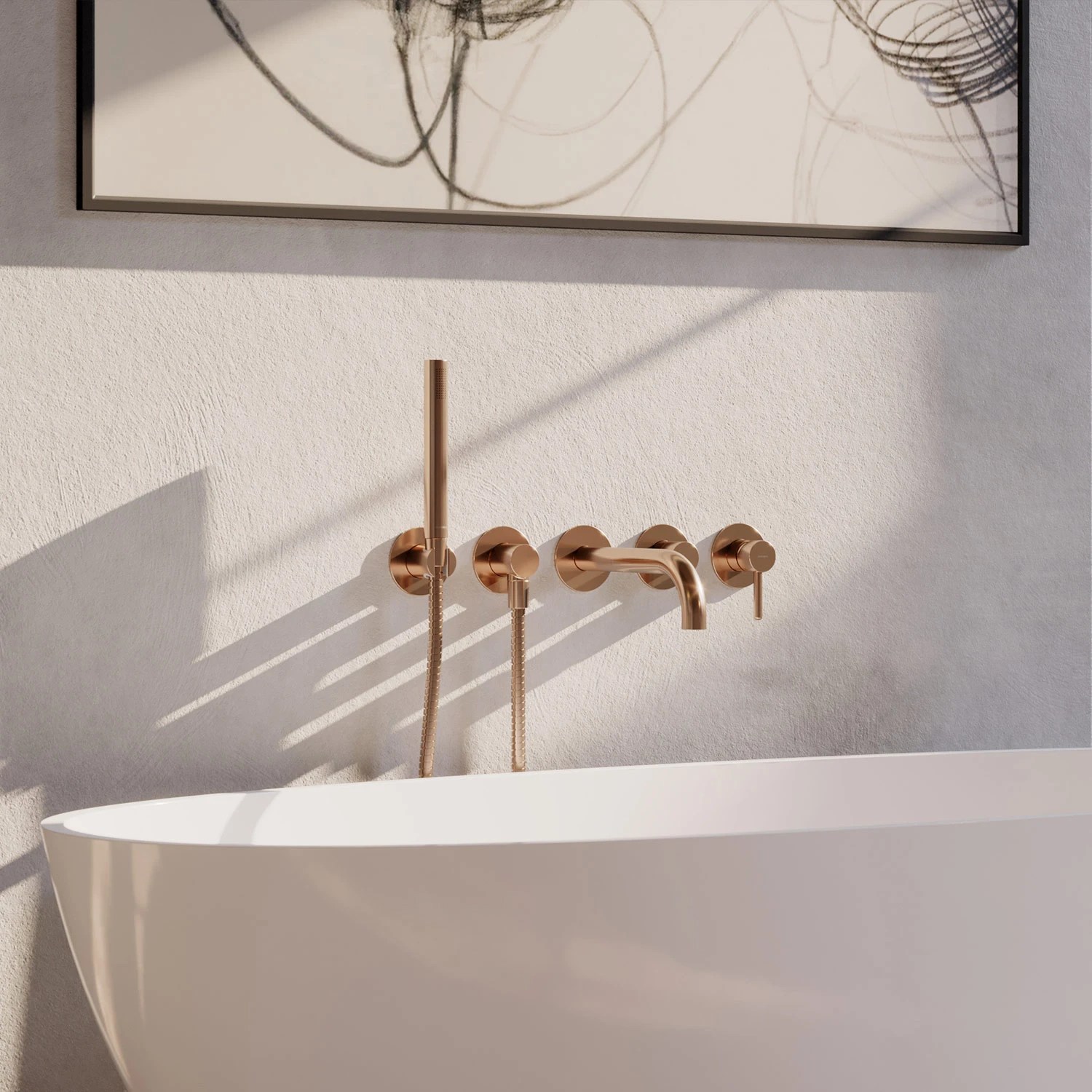 Baterie incastrata Omnires Y Brushed Copper Y1237-1CPB pentru cada, pipa 22 cm cu set de duș