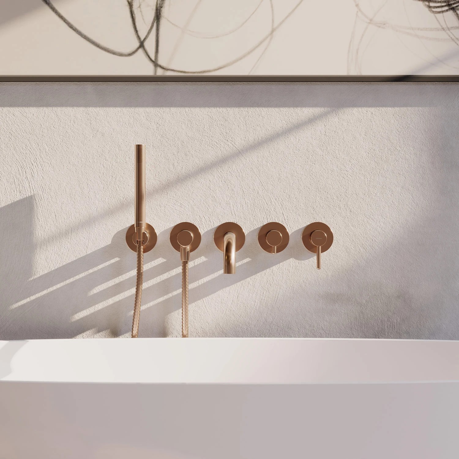 Baterie incastrata Omnires Y Brushed Copper Y1237-1CPB pentru cada, pipa 22 cm cu set de duș