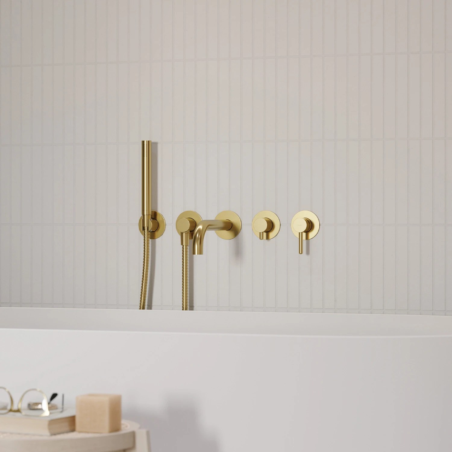 Baterie incastrata Omnires Y Brushed Gold Y1237-1GLB pentru cada, pipa 22 cm cu set de duș