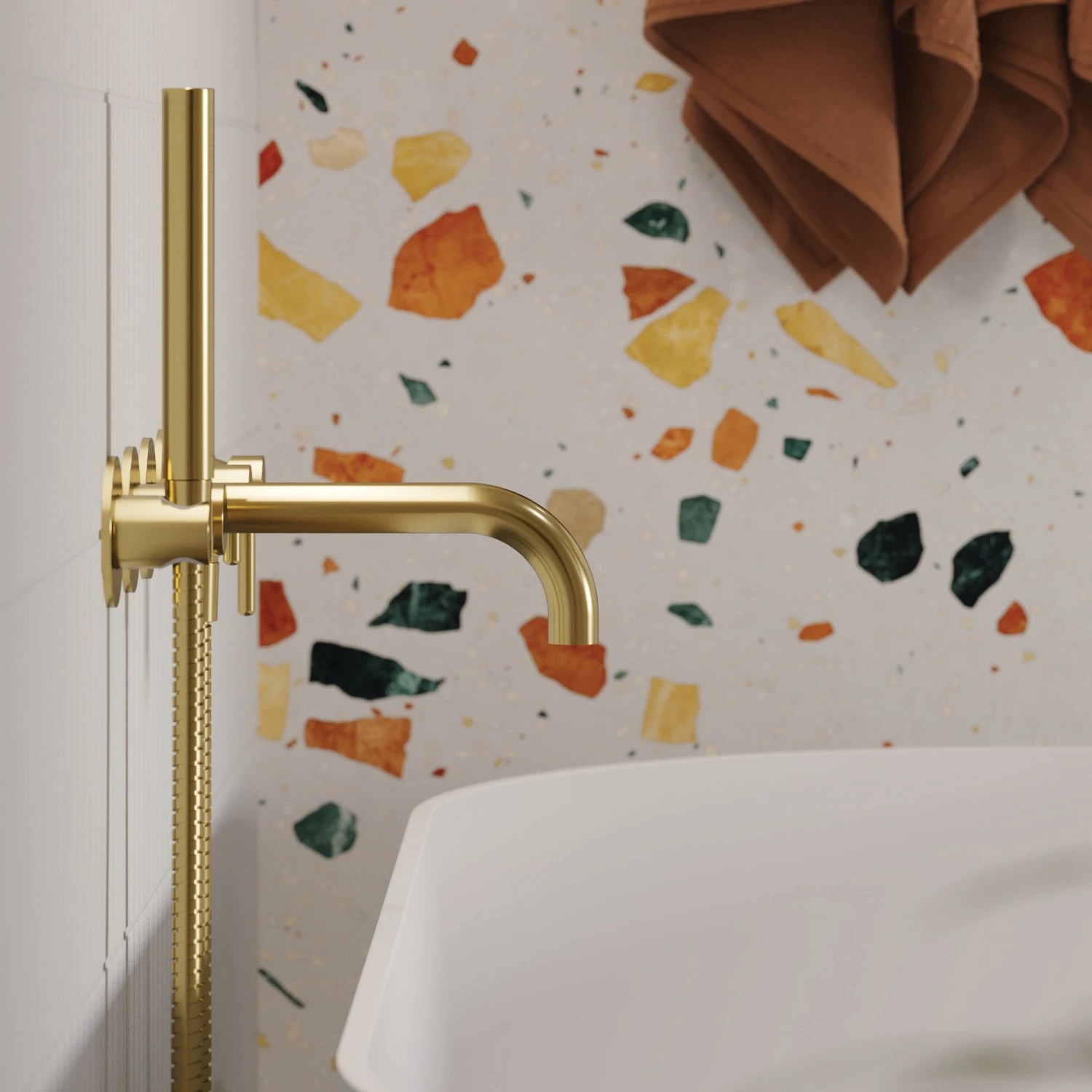 Baterie incastrata Omnires Y Brushed Gold Y1237-1GLB pentru cada, pipa 22 cm cu set de duș
