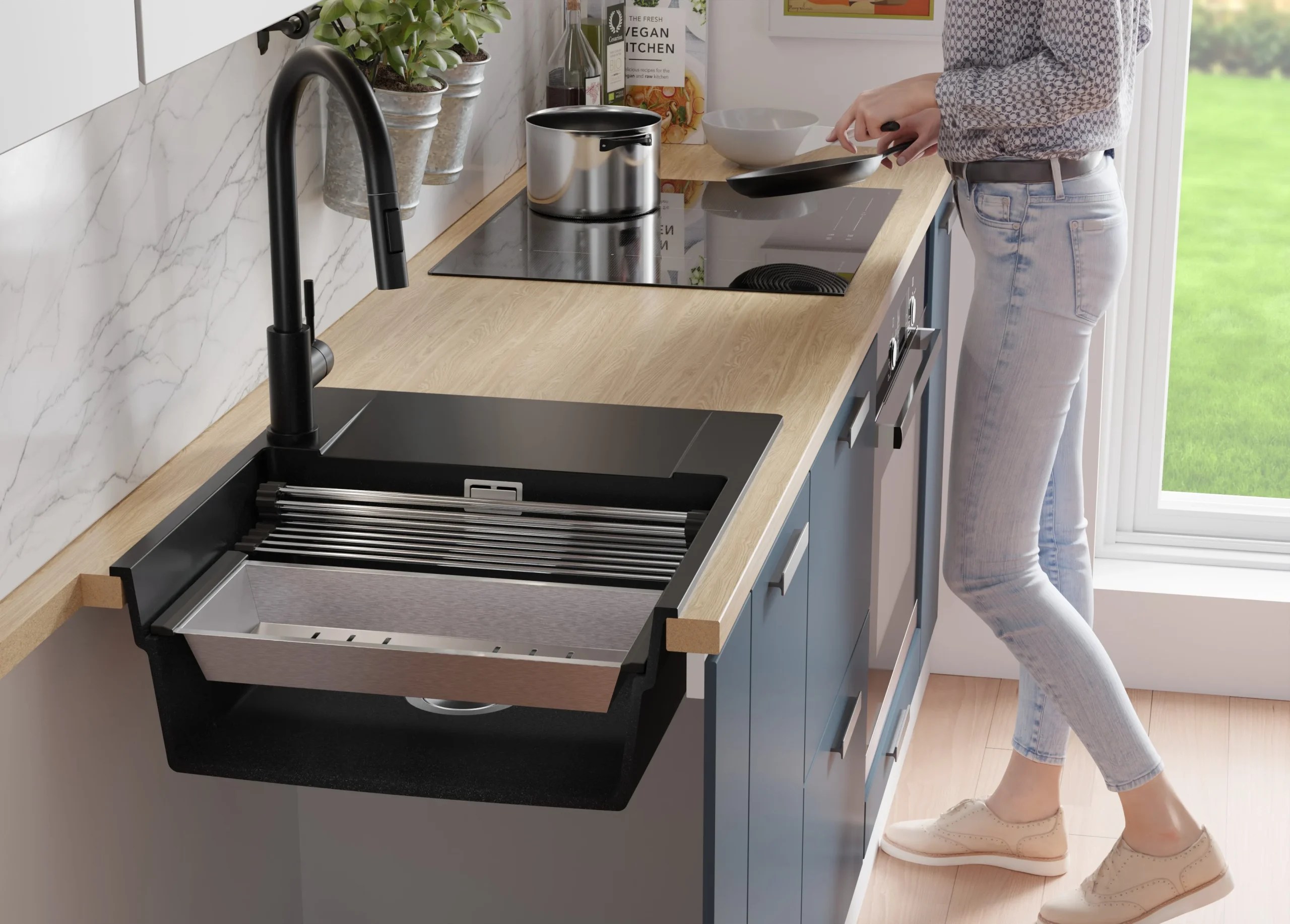 Chiuveta granit PRIMAGRAN NEW YORK Multispace 60 Beige + accesorii 580x530 MNAKB#N
