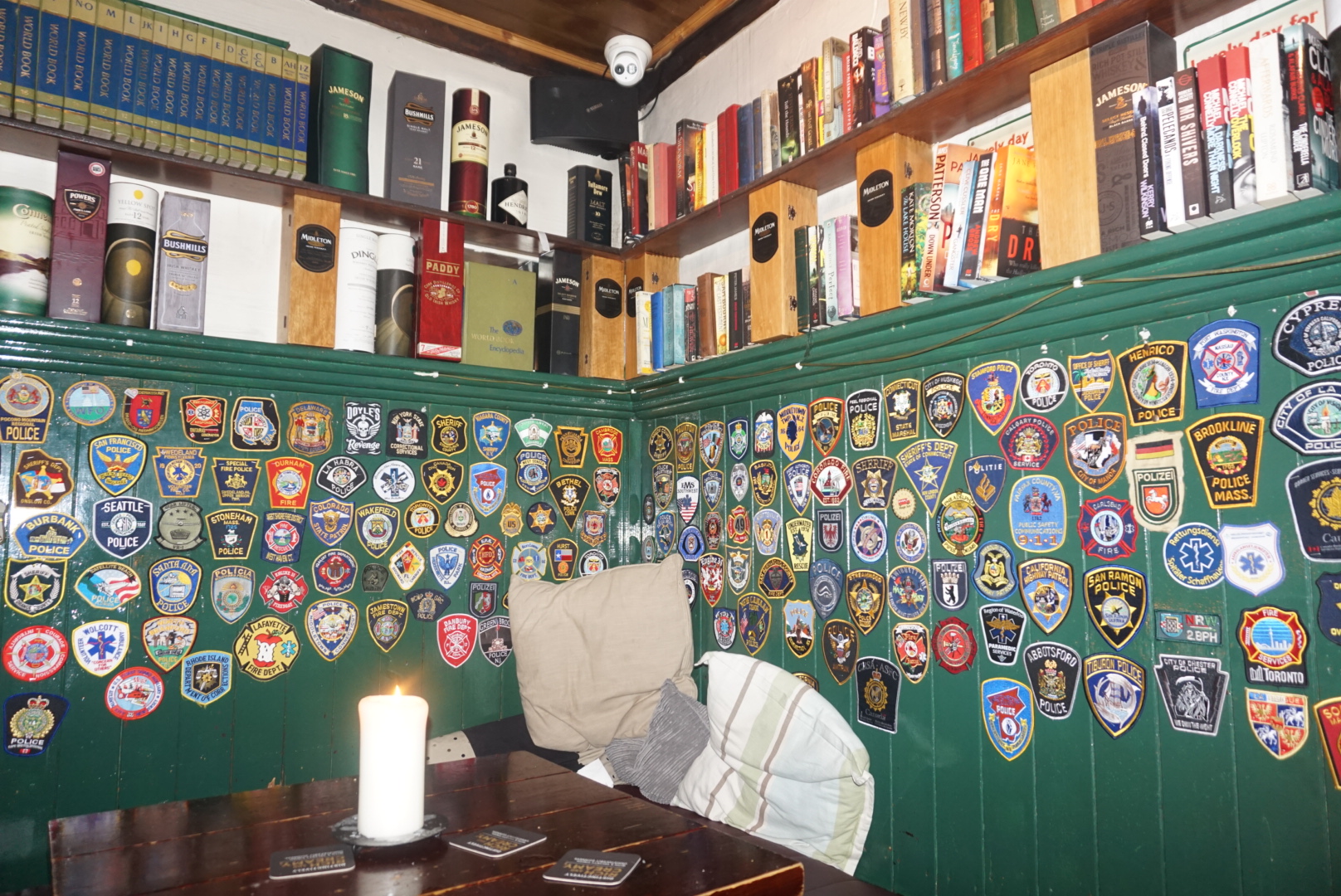Library room at Brazen Head with Police and Fire Patches