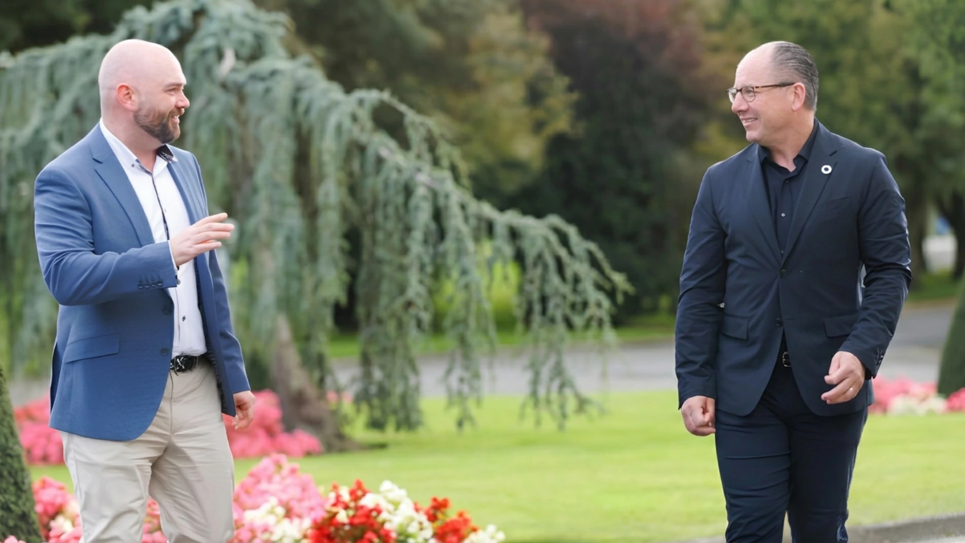 Jerry Murphy and Barry Bowen of Climeaction walking and talking outdoors