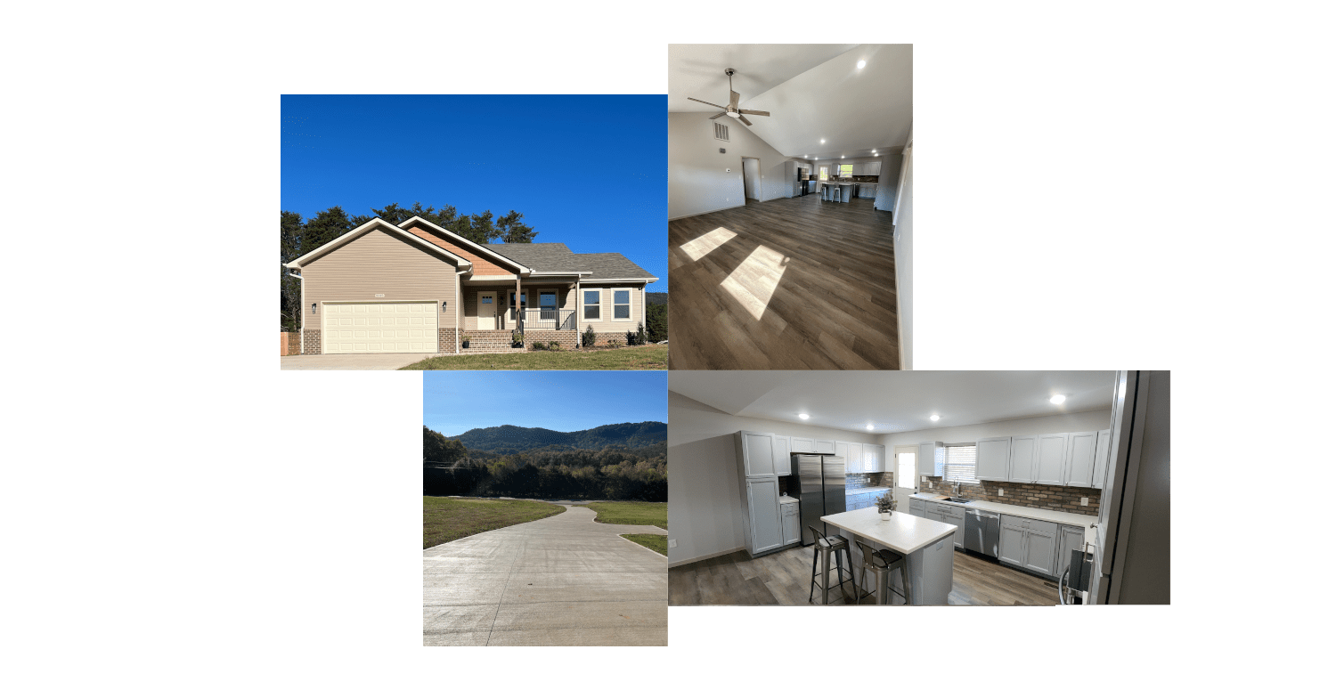 A four-panel collage showing a modern ranch-style house exterior, a spacious living area with hardwood floors, a scenic mountain view from a driveway, and a modern kitchen with an island.