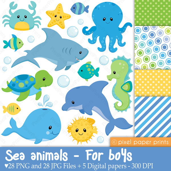 This cute kawaii ocean animals svg bundle features a shark, octopus, whale and crab with cute animal puns! Baby Shower Sea Animals Clip Art Library