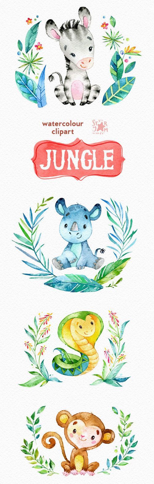 The set of high quality hand painted watercolor tropical animals, fruits, flowers and leaves images. Cartoon Clip Art Library