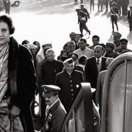 Indira Gandhi boarding a plane, New Delhi, 1972. Photograph: Marilyn Stafford (cropped)