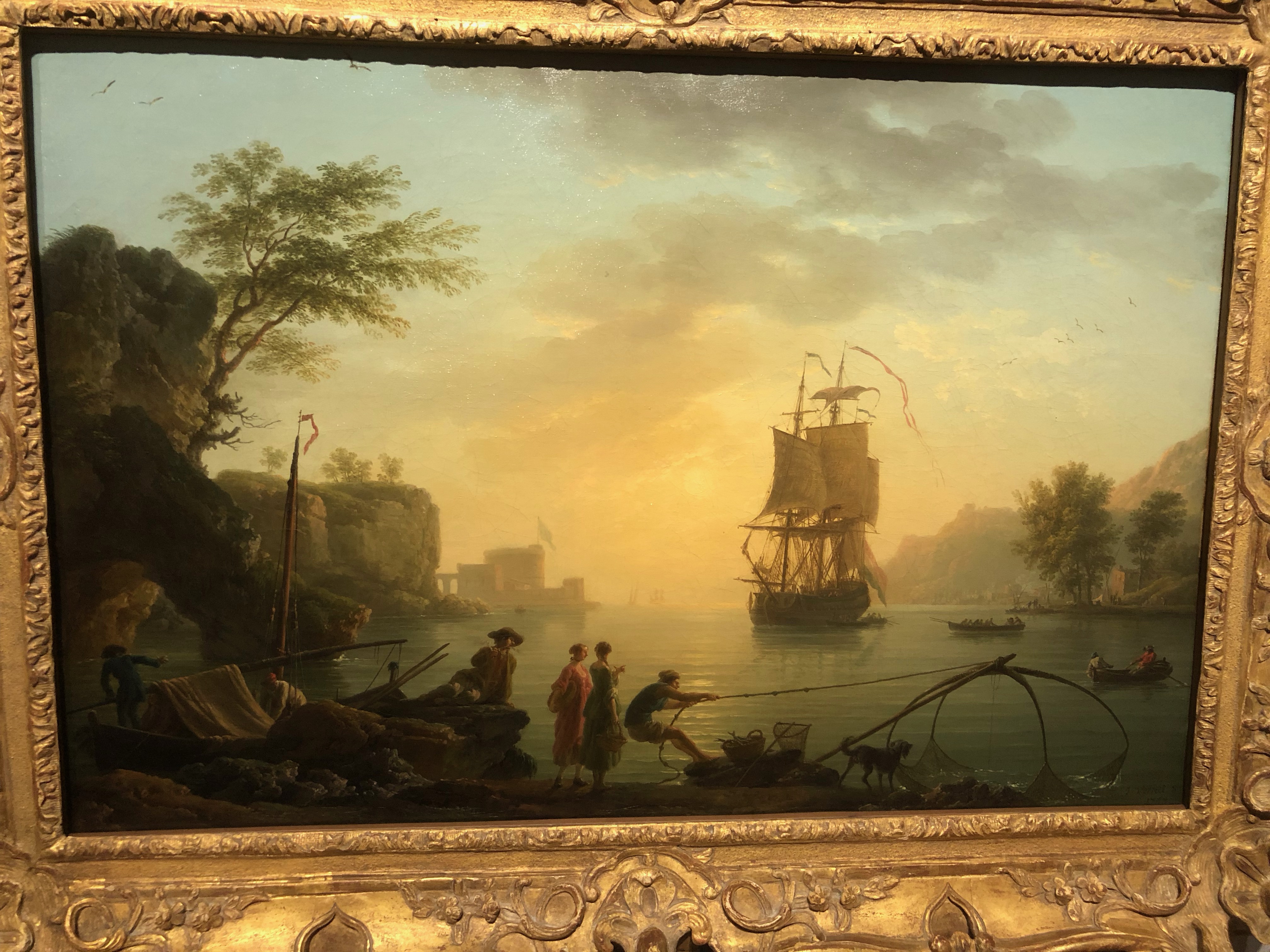 Pêcheurs dans un port méditerranéen, soleil levant (Joseph Vernet, 1763)