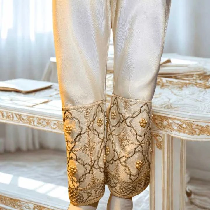 Dazzling Gold Embellished Trouser Trouser Maysuri Maysoori Bottoms Shalwar Dupatta Hijab Style clothifydotpk.com