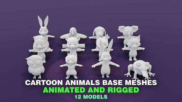 Cartoon Animals Animated and Rigged Base Mesh 12 3D Models Pack