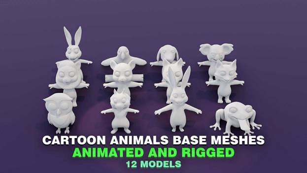 Cartoon Animals Animated and Rigged Base Mesh 12 3D Models Pack