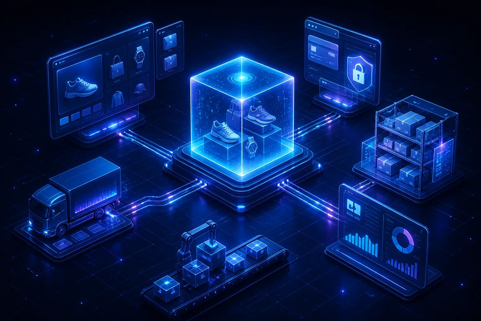 Connected ecommerce system linking storefront, secure checkout, inventory, delivery and analytics