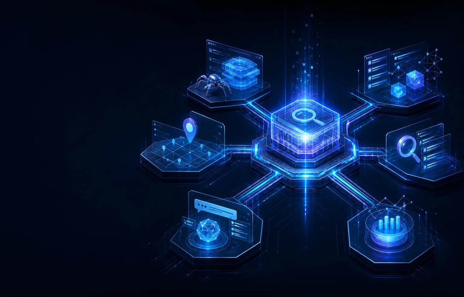 Connected SEO visibility system linking technical search, content, local discovery, AI answers and measurement