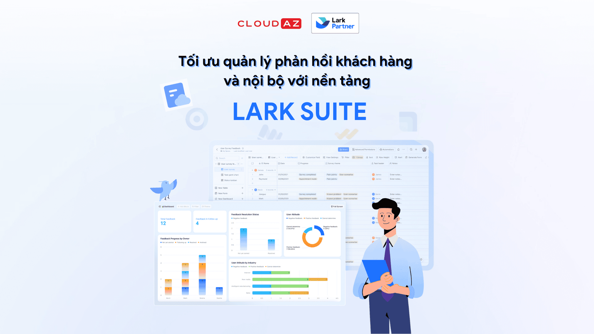 Hình ảnh thể hiện nền tảng Lark của CloudAZ giúp quản lý phản hồi khách hàng nhanh chóng và hiệu quả.