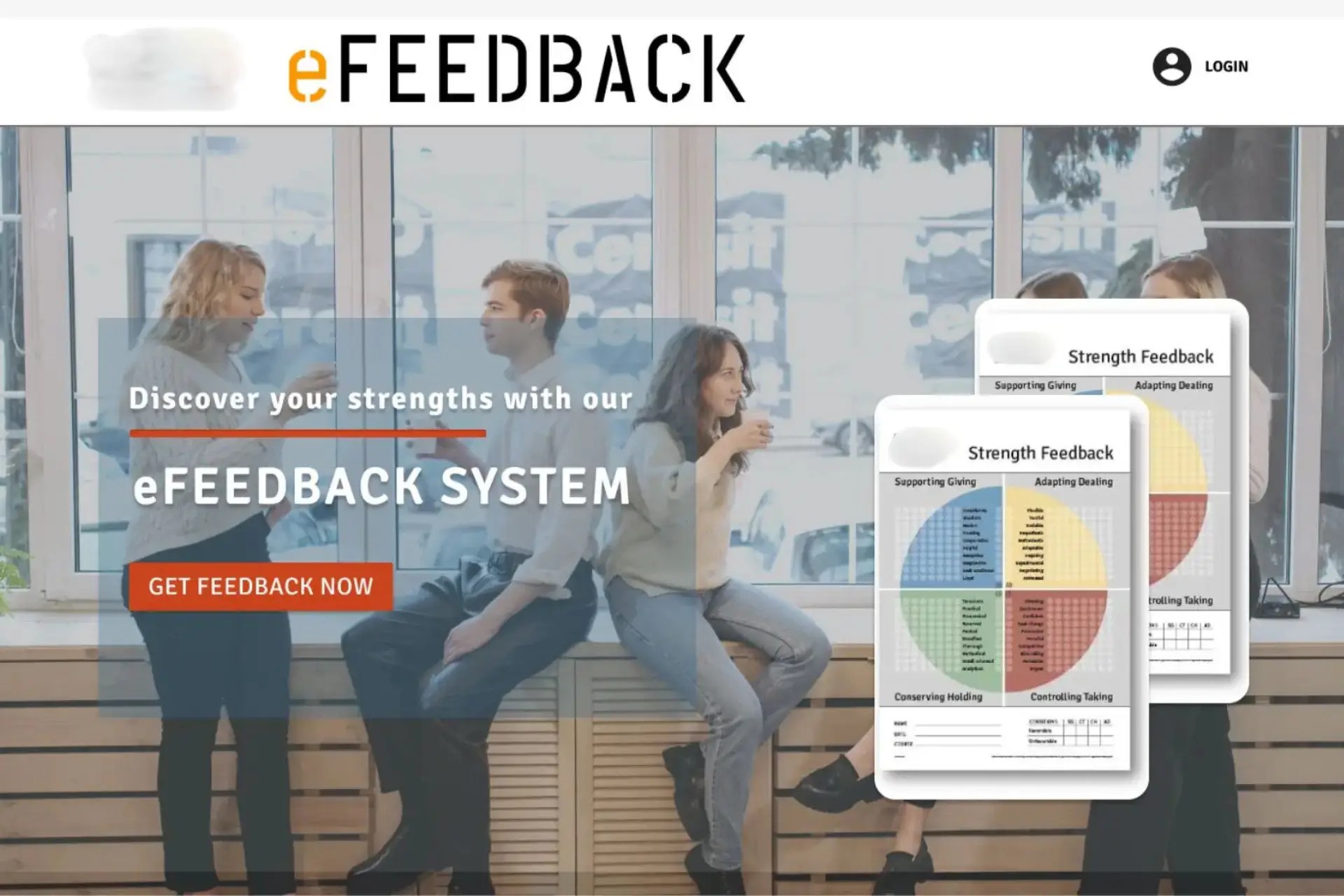 Home page of the E-Feedback system showing office workers talking over coffee.