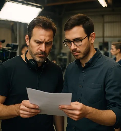 A focused director and an assistant director standing together looking at a paper document on a busy but organized film set.