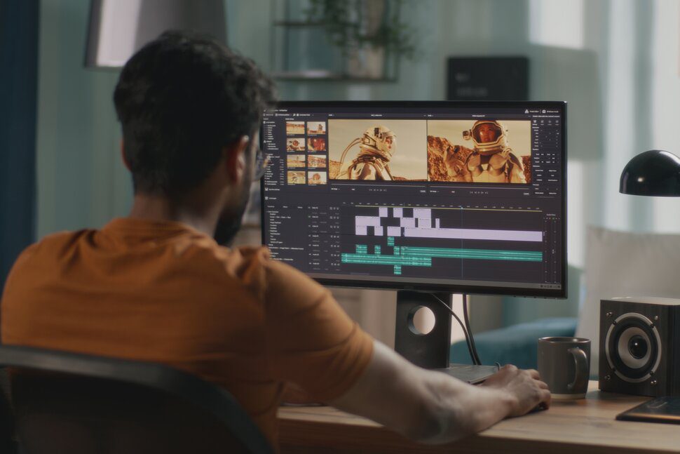 Indian film editor working on a movie sequence in a post-production studio