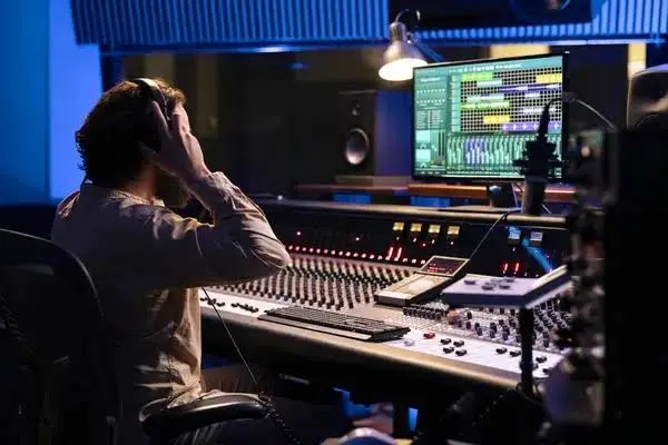 Sound designer working on audio tracks for a film using mixing software