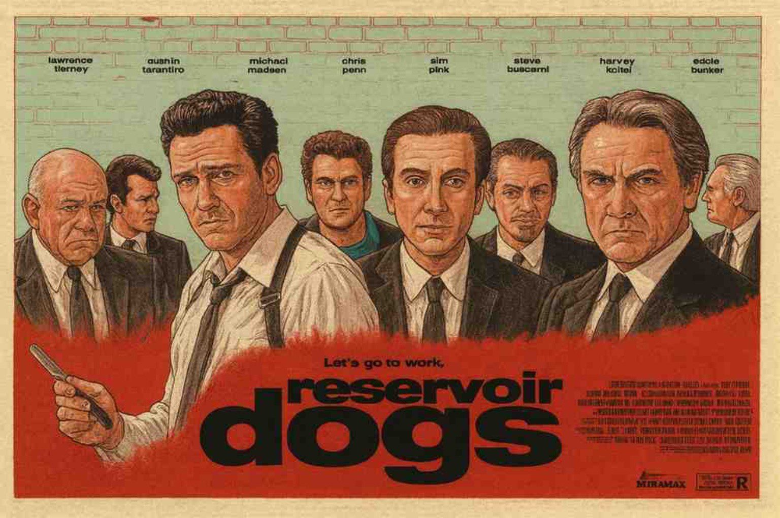 Reservoir dogs movie poster featuring the main cast including Harvey Keitel, Tim Roth, Michael Madsen, Steve Buscemi, and Quentin Tarantino.