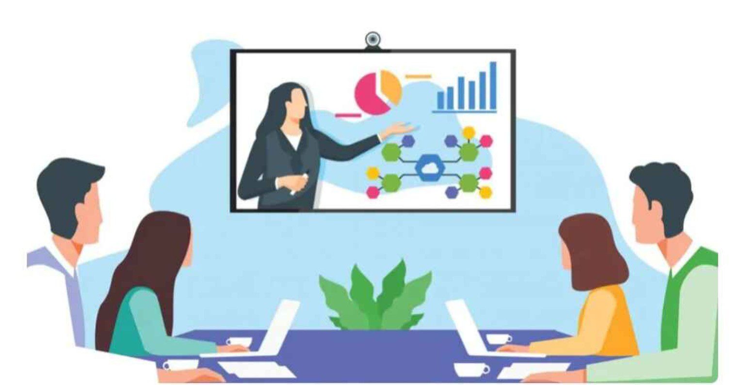 "Business team attending online presentation with charts and graphs on screen during a virtual meeting"