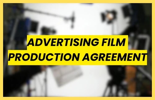 Cinematic title graphic reading "ADVERTISING FILM PRODUCTION AGREEMENT" in bold text, overlaid on a blurred background of a professional film set with camera and lighting equipment.