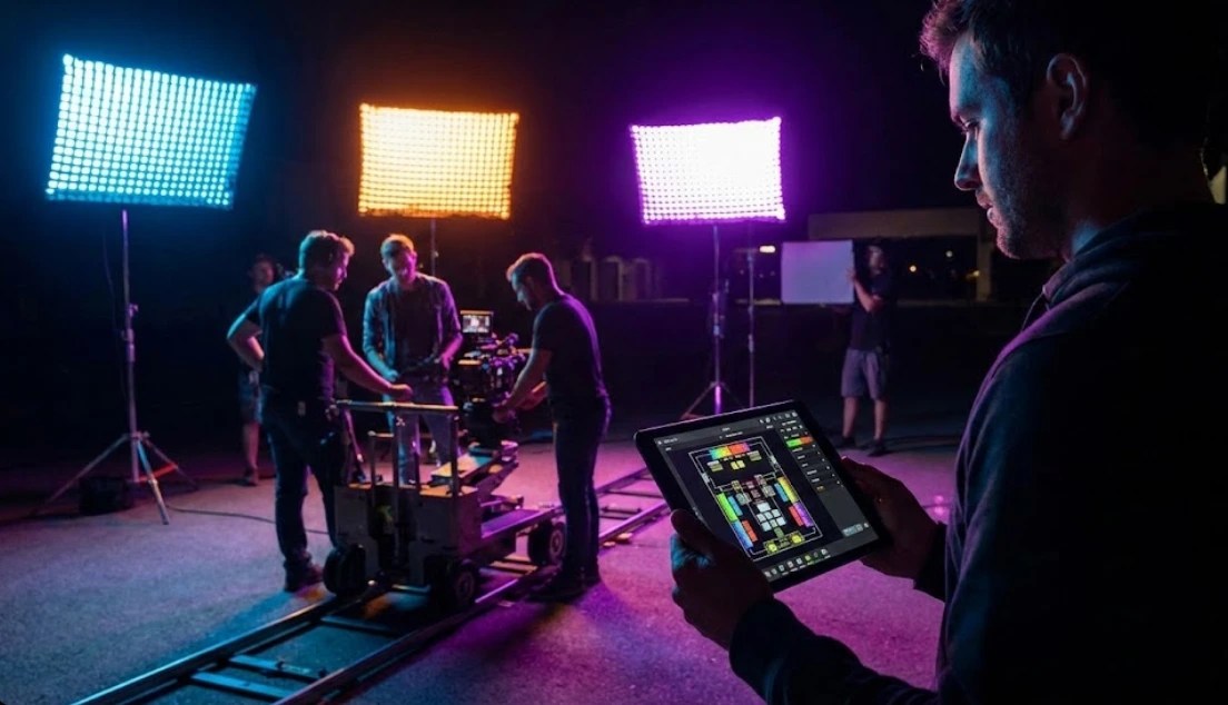 A film crew sets up colorful LED panels during an overnight production while a director uses a tablet to pre-visualize lighting physics, illustrating advanced night film shoot tips.